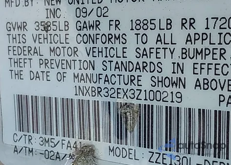 2003 Toyota Corolla Le z USA, uszkodzony, nr VIN 1NXBR32EX3Z100219